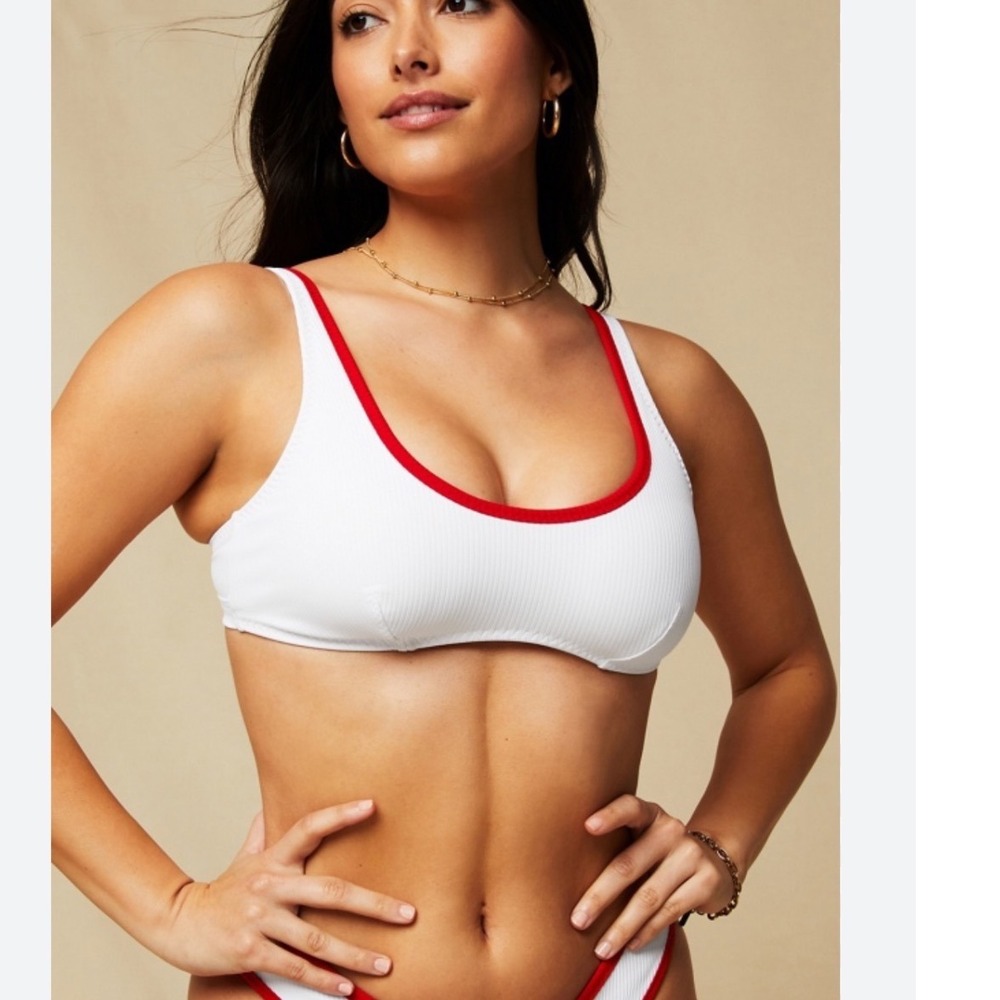 Fabletics Sunset Scoop Rib Swim Top White Red Bikini Medium
